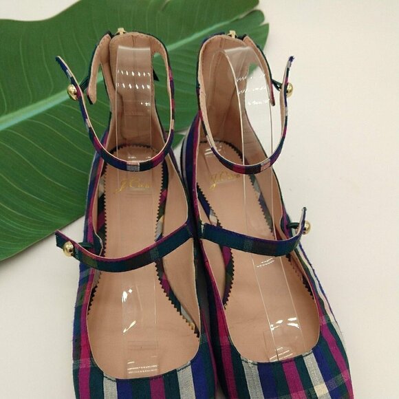J Crew Poppy Plaid 2 Ankle Strap Ballet Flats Size 8 Purple Madras Rare Festive - Picture 3 of 7